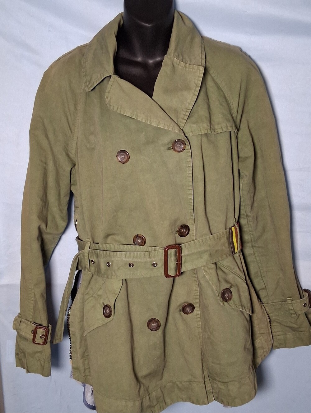 Rare Bazar Deluxe Italian Designer Olive Green Belted Trench Jacket Sz 46 US 10